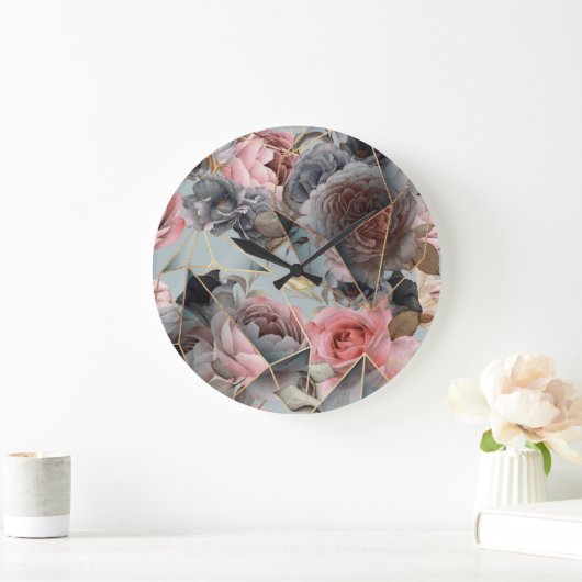 Geometrie aus Blumenkristall, Aquarellhintergrund Große Wanduhr (Zuhause)