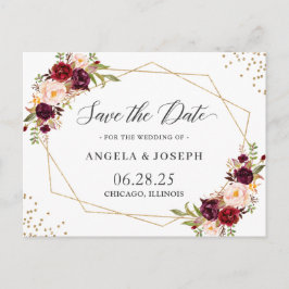 Geometrie Burgundy Red Floral Save the Date Postkarte
