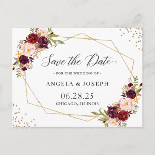 Geometrie Burgundy Red Floral Save the Date Postkarte