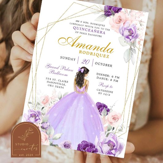 Geometrie Lila und Gold Royal Crown Quinceanera Einladung