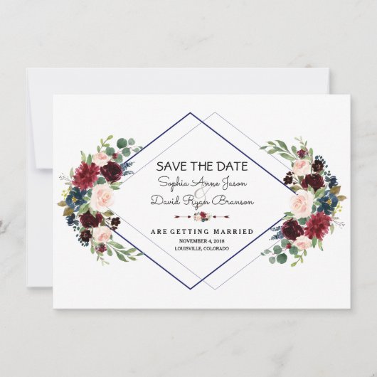 Geometrie Merlot Navy Blue Floral Save the Date (Vorderseite)