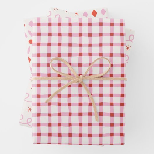Geometrie Simple Red White Pink Gingham Christmas Geschenkpapier Set (Beispiel)