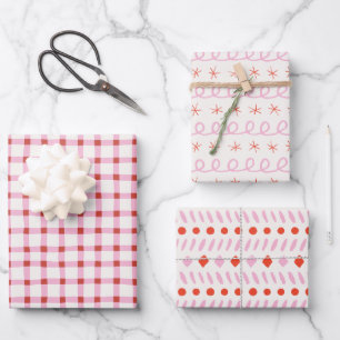 Geometrie Simple Red White Pink Gingham Christmas Geschenkpapier Set