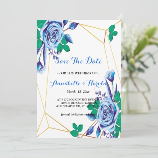 Geometrisch, blau, blühend Save the Date (Stehend Vorderseite)