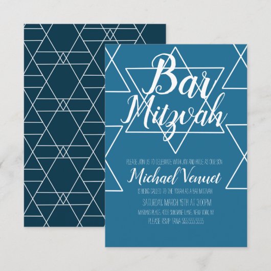 geometrisch blaue Bar Mitzvah Einladung (Vorne/Hinten)