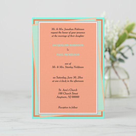 Geometrisch Cantaloupe Turquoise Einladung (Stehend Vorderseite)