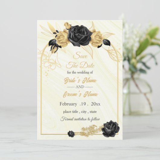 geometrisch elegantes Gold & Schwarz Save The Date (Stehend Vorderseite)
