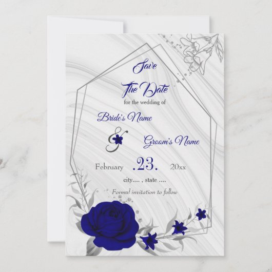 geometrisch elegantes Royal Blue Silber Grau Save The Date (Vorderseite)
