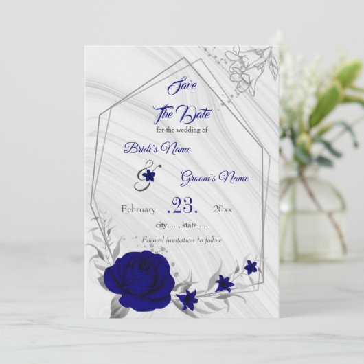 geometrisch elegantes Royal Blue Silber Grau Save The Date (Stehend Vorderseite)