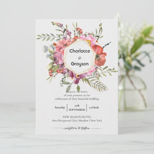 Geometrisch Gold | Violet Floral Bouquet Wedding Einladung (Stehend Vorderseite)