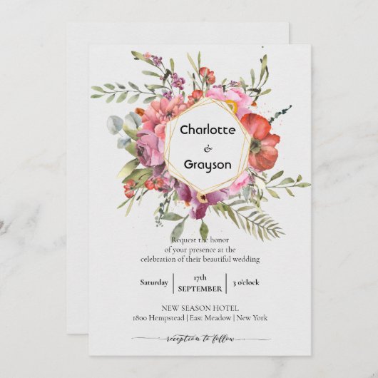 Geometrisch Gold | Violet Floral Bouquet Wedding Einladung (Vorne/Hinten)