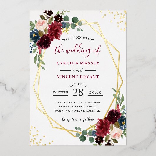 Geometrisch | Hochzeit der Burgunder Marine Folieneinladung (Vorderseite)