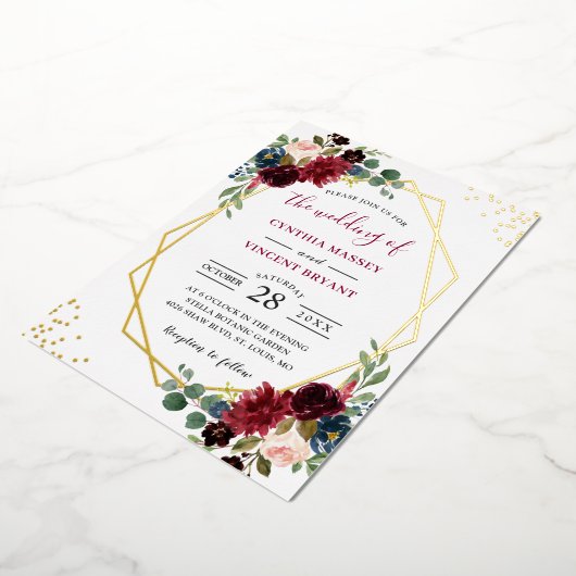 Geometrisch | Hochzeit der Burgunder Marine Folieneinladung (Gedreht)