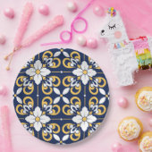 geometrisch-marokkanisch-blaue goldene Zierfliese Pappteller (Party)