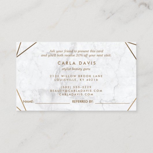 Geometrisch Minimalistisches Gold und weißes Marmo Empfehlungskarte (Rückseite)