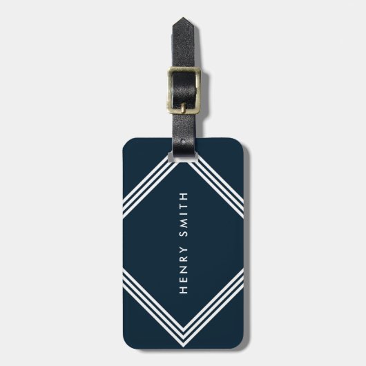 Geometrisch moderne dunkelblaue und weiße Grenzen Gepäckanhänger (Vorderseite vertikal)