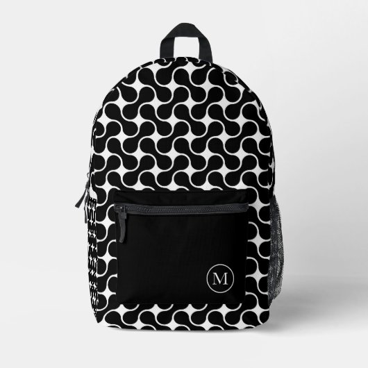 Geometrisch moderne Schwarz-Weiß-Monogramm Bedruckter Rucksack (Vorderseite)