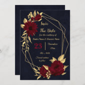 geometrisch schick bordeauxrot und goldene Marine Save The Date (Vorne/Hinten)