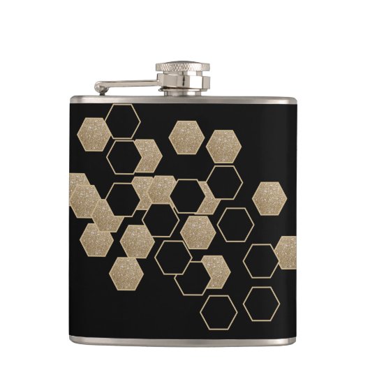 geometrisch-schwarz-goldenes Hexagon-Muster Flachmann (Vorderseite)