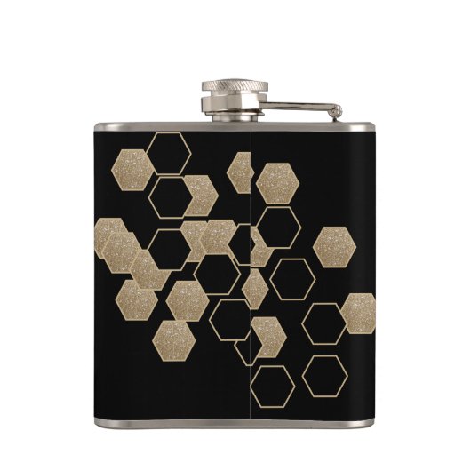 geometrisch-schwarz-goldenes Hexagon-Muster Flachmann (Rückseite)