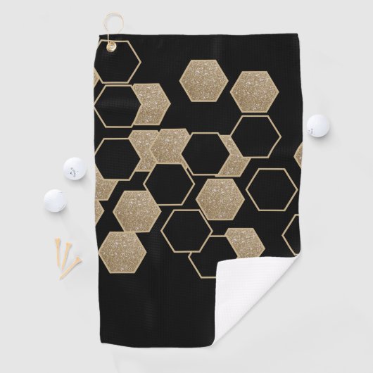 geometrisch-schwarz-goldenes Hexagon-Muster Golfhandtuch (Insitu)
