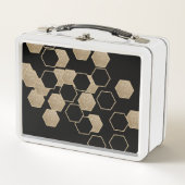 geometrisch-schwarz-goldenes Hexagon-Muster Metall Brotdose (Vorderseite)