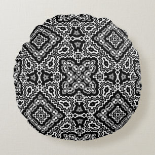 geometrisch-schwarz-weiß-ethnische Muster Rundes Kissen