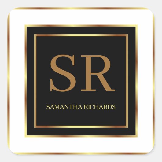 Geometrisch Schwarz-weiß und Gold monogram Quadratischer Aufkleber (Vorderseite)