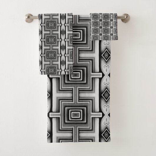 Geometrisch Schwarz-weiß und grau Aztec Badhandtuch Set (Insitu)