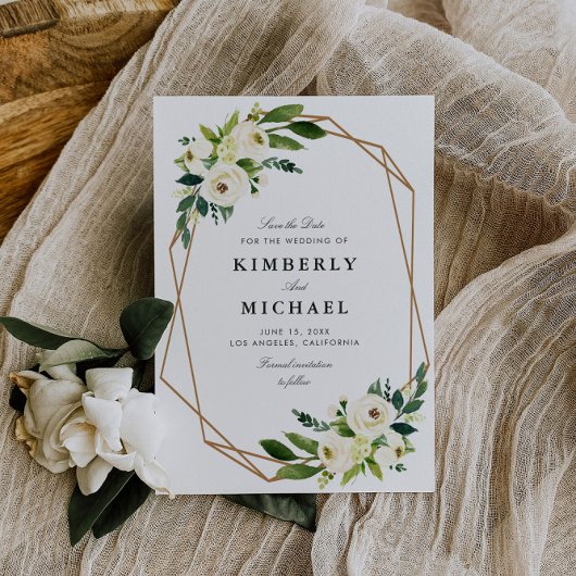 geometrisch-weiße, blumenförmige Save the Date-Kar Date