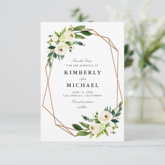 geometrisch-weiße, blumenförmige Save the Date-Kar Save The Date (Stehend Vorderseite)