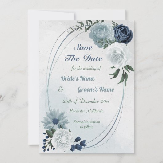 geometrisch weißes und blaues Blumengrün Save The Date (Vorderseite)