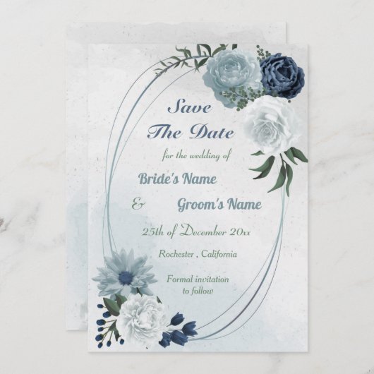 geometrisch weißes und blaues Blumengrün Save The Date (Vorne/Hinten)