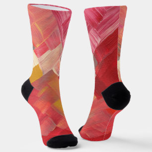 Geometrische abstrakte Pinselstriche Rot, Pink & G Socken