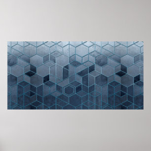 Geometrische Abstraktion von Hexagonen auf blauem  Poster