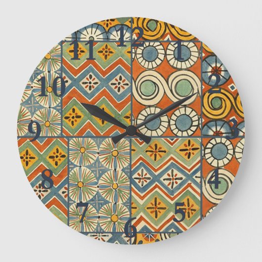 Geometrische ägyptische Muster-Tiles Große Wanduhr (Vorderseite)
