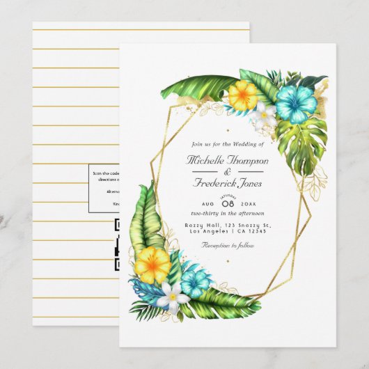 Geometrische Aloha-Tropensommer-QR-Code-Hochzeit Einladung (Vorne/Hinten)