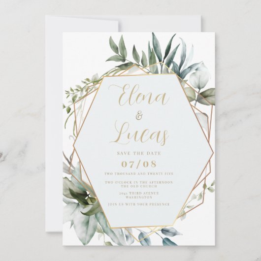 Geometrische Aquarellmalz Blätter Hochzeit Einladung (Vorderseite)