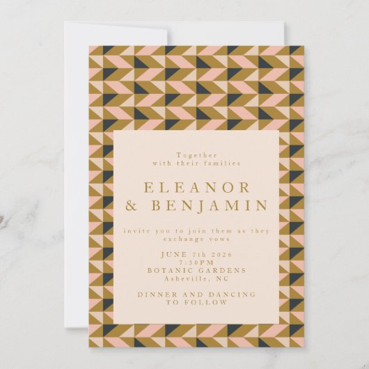 Geometrische Art Deco Black Gold Blush Wedding Einladung (Vorderseite)