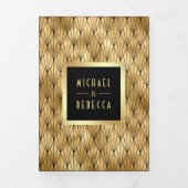Geometrische Art Deco Black Gold QR Code Hochzeit Dreifach Gefaltete Einladung (Cover)