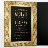 Geometrische Art Deco Black Gold QR Code Hochzeit Dreifach Gefaltete Einladung (Innen Erste Seite)