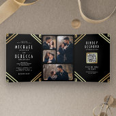 Geometrische Art Deco Black Gold QR Code Hochzeit Dreifach Gefaltete Einladung