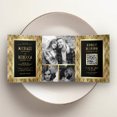 Geometrische Art Deco Black Gold QR Code Hochzeit Dreifach Gefaltete Einladung
