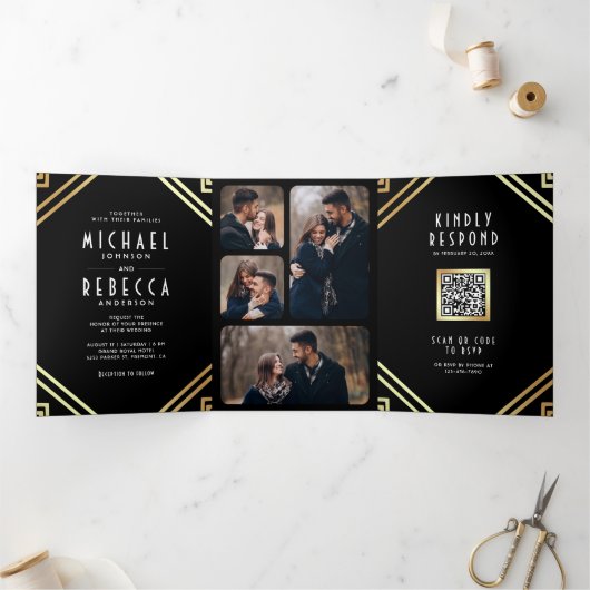 Geometrische Art Deco Black Gold QR Code Hochzeit Dreifach Gefaltete Einladung (Innenseite)