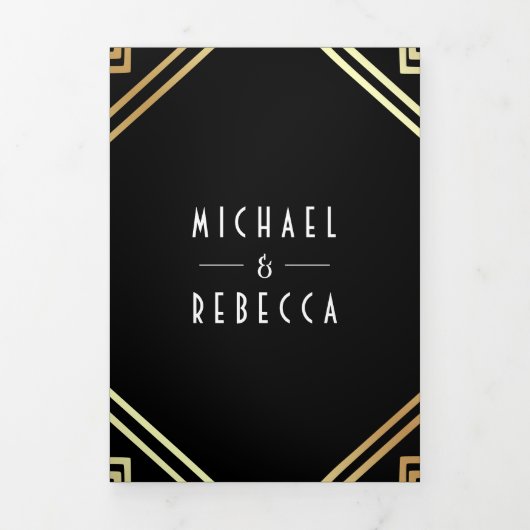 Geometrische Art Deco Black Gold QR Code Hochzeit Dreifach Gefaltete Einladung (Cover)
