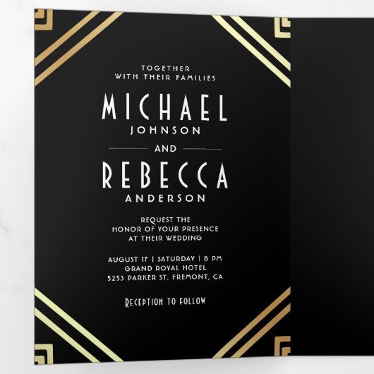 Geometrische Art Deco Black Gold QR Code Hochzeit Dreifach Gefaltete Einladung (Innen Erste Seite)