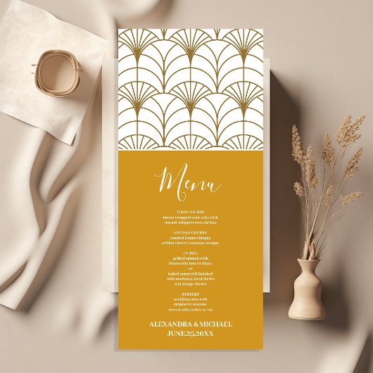 Geometrische Art Deco Gold White Gatsby Wedding Menükarte