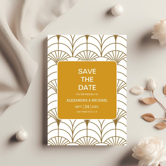 Geometrische Art Deco Gold White Gatsby Wedding Save The Date