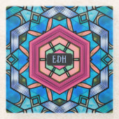 Geometrische Art Deco mit eigenen Initialen in Bla Glasuntersetzer (Vorderseite)
