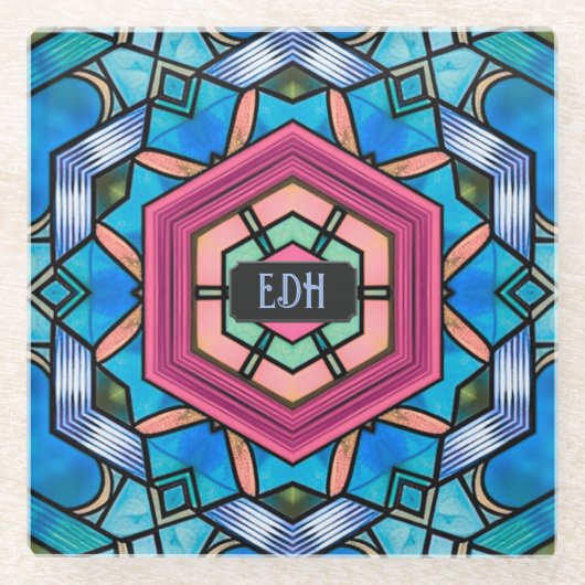 Geometrische Art Deco mit eigenen Initialen in Bla Glasuntersetzer (Vorderseite)